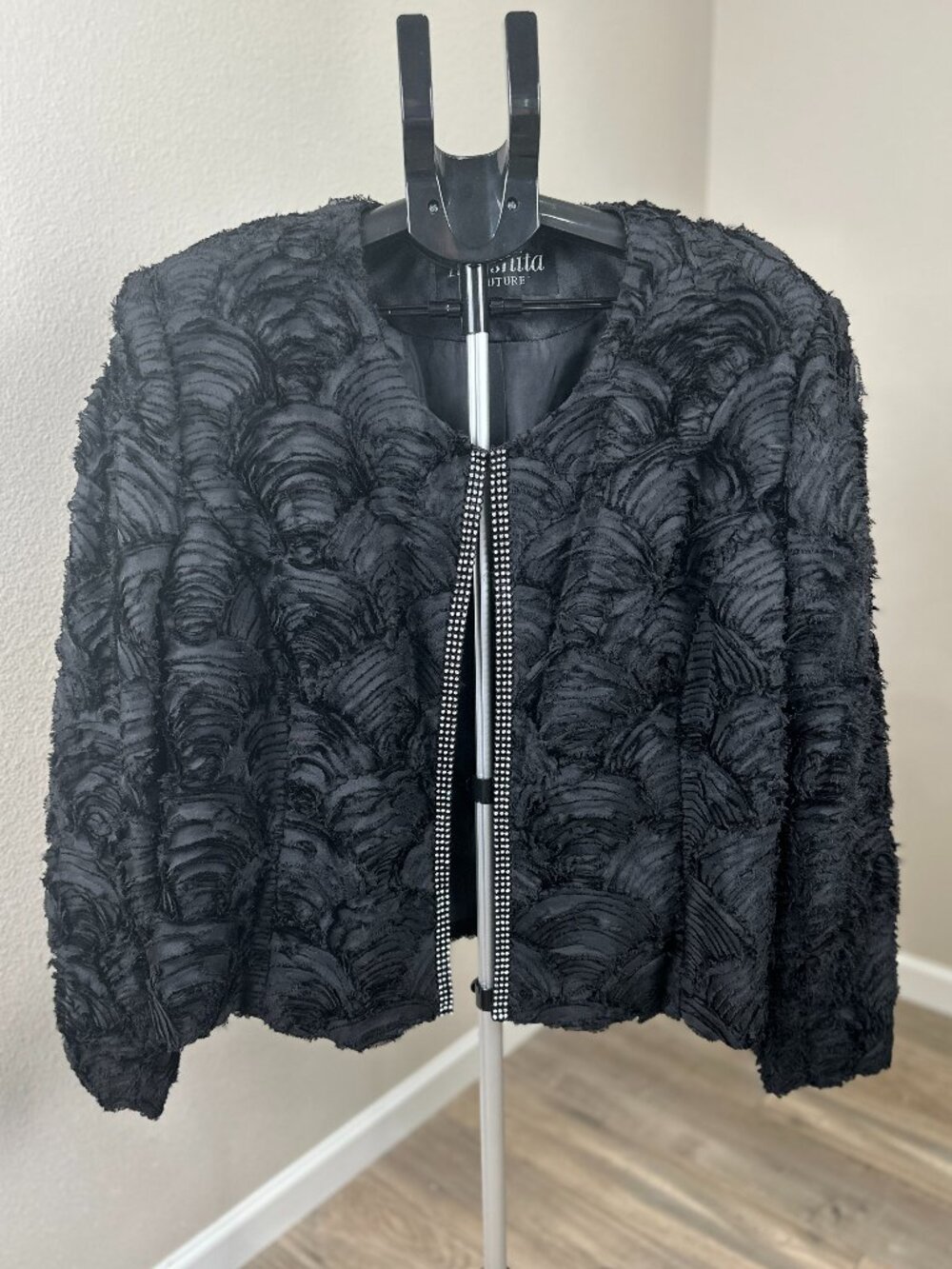 Moshita Couture Black Textured Rhinestone Jacket Plus Size 20